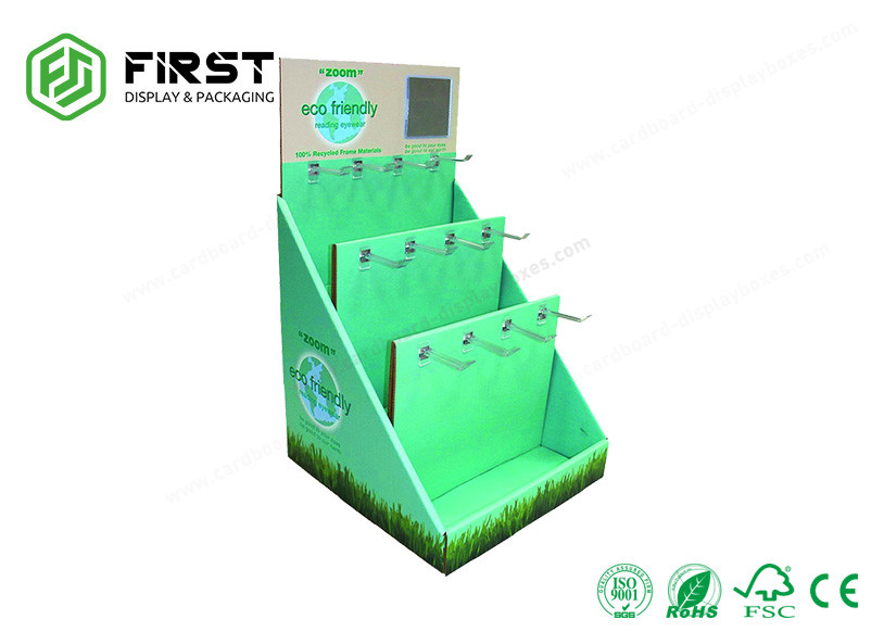 Customized Color Print Advertising Portable Corrugated PDQ Cardboard Counter Display With Hooks