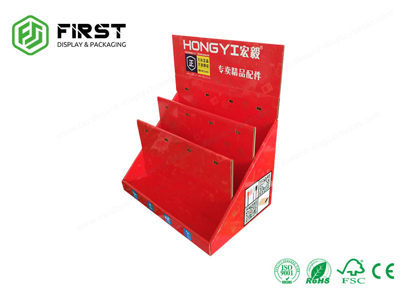 Customized Color Print Advertising Portable Corrugated PDQ Cardboard Counter Display With Hooks