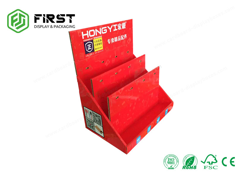 Customized Color Print Advertising Portable Corrugated PDQ Cardboard Counter Display With Hooks